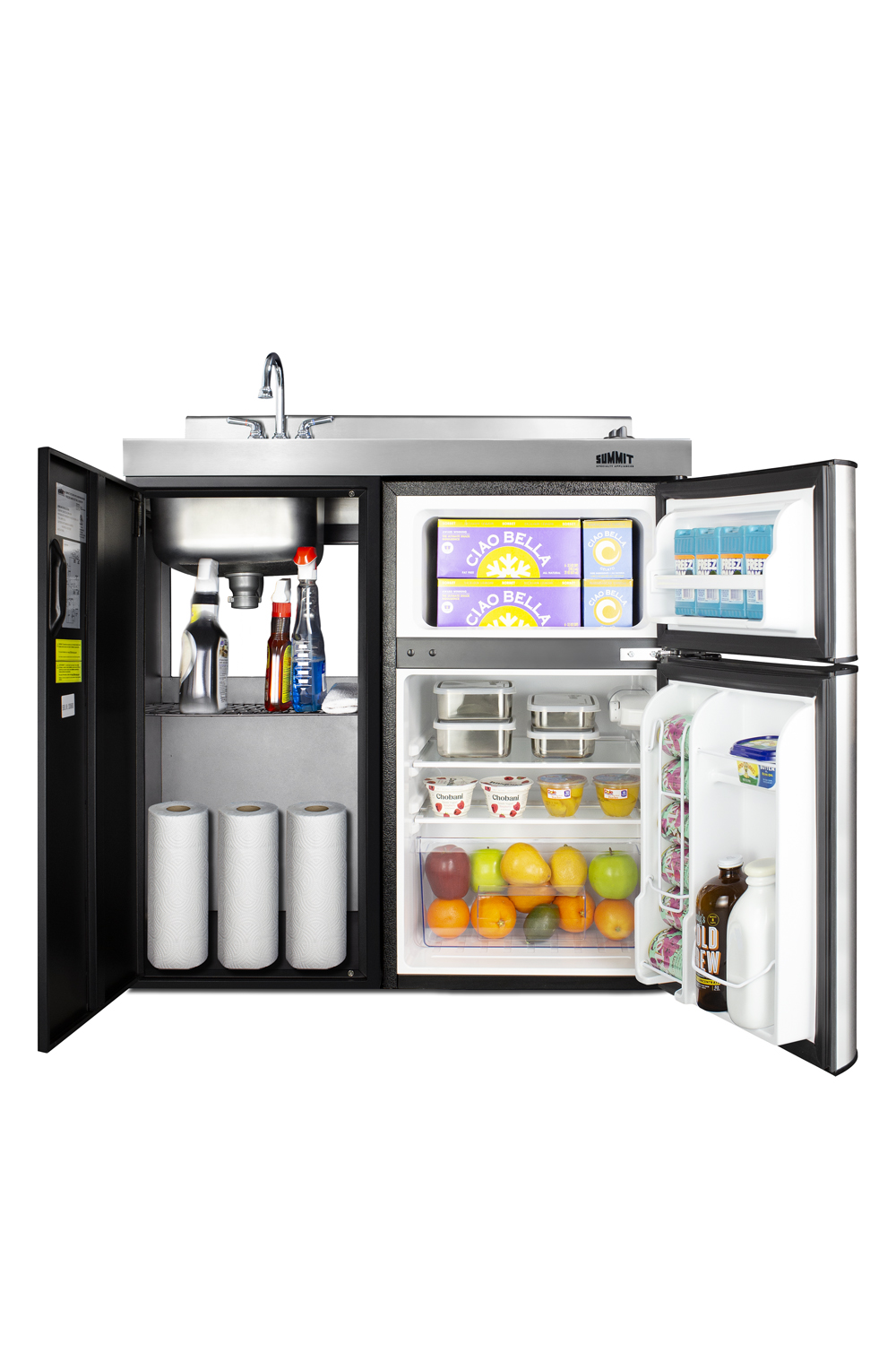 36 inch wide all-in-one kitchenette in black with a 2-burner 115V radiant cooktop, 2-door refrigerator-freezer, sink, and storage cabinet